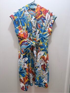APNY Vibrant Floral Tie-Waist Midi Dress - Blue/Red/Yellow